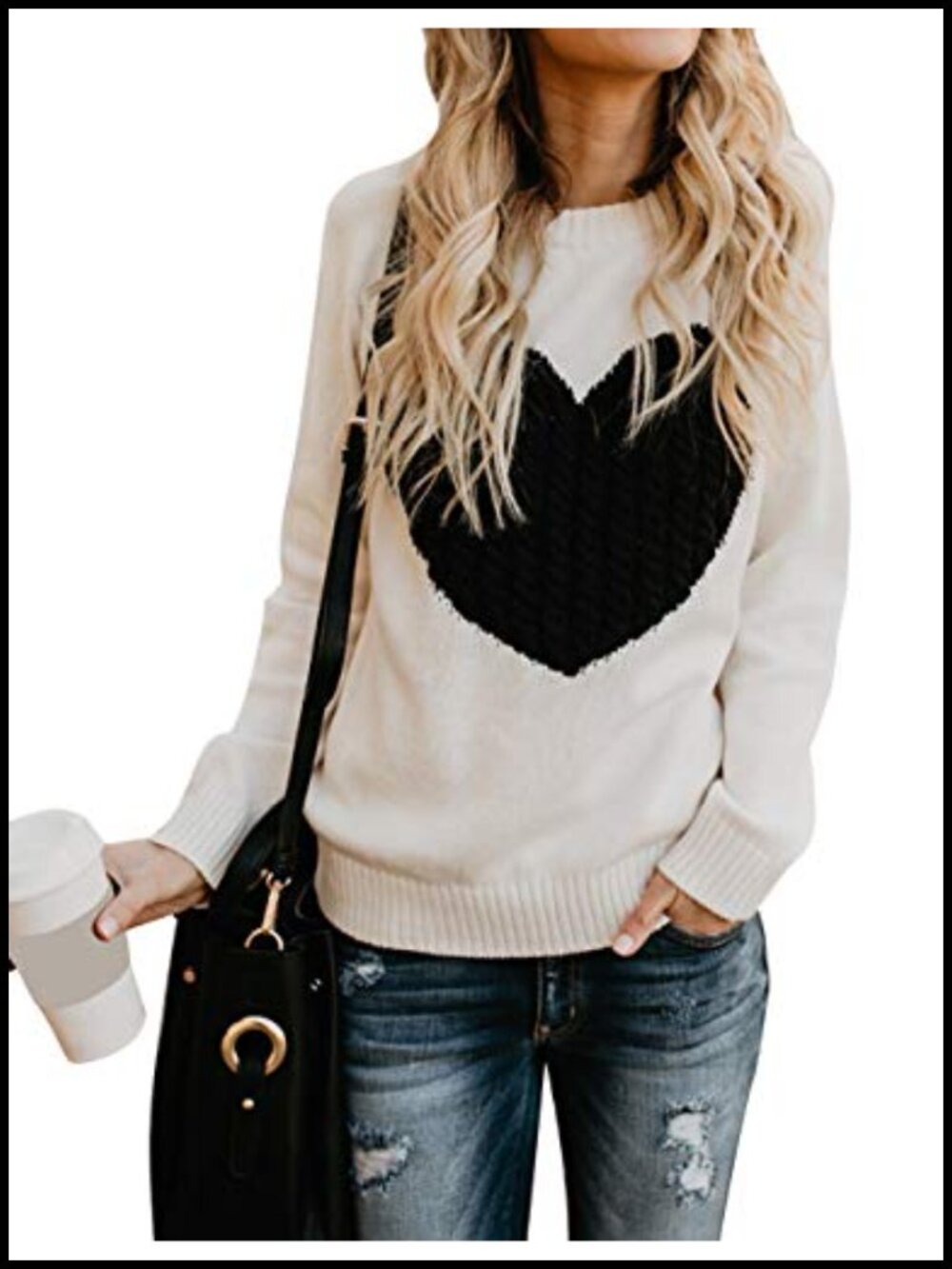 Women's Cute Heart Knit Sweater Long Sleeve Crewneck Pullover Lightweight